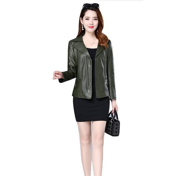 Chaqueta de cuero Mujer verde XL- Talla grande de manga larga 2020 Otoño Nueva Moda coreana Corto Slim Mamá PU Faux de cuero Abrigo LJ201012