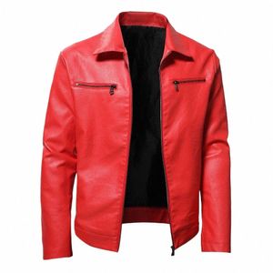 Vestes en cuir pour hommes 2024 Fi solide automne col montant fermeture éclair punk vintage moto motard rouge noir PU veste en cuir R5hW #