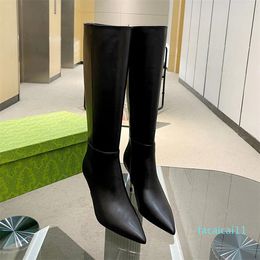 Botas hasta la rodilla de cuero Botas con cremallera lateral Zapatos con punta puntiaguda Tacón de aguja Botas altas Diseñadores de zapatos para mujer Botas altas Botas de moda 8,5 cm Tamaño 35-42