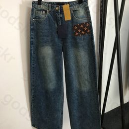 Étiquette en cuir pantalon en Denim droit femmes jean à jambes larges Triangle bleu taille haute pantalon en Denim ample marque jean