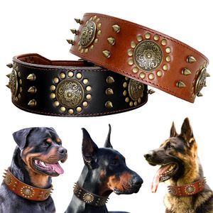 Lederen grote halsband Pitbull Spiked Studded Collars voor Medium Grote Big Dogs Echt lederen Duurzame Huiskraag Bruin