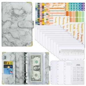 Carpeta de cuaderno con patrón de mármol de cuero, planificador de presupuesto, organizador de dinero en efectivo con cubierta de 6 anillos
