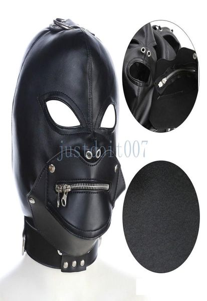 Masque en cuir Hood Zipper bouche Gag Halloween Full Gimp Eyes Open Lockable Slave Sex Games Toy R784173023