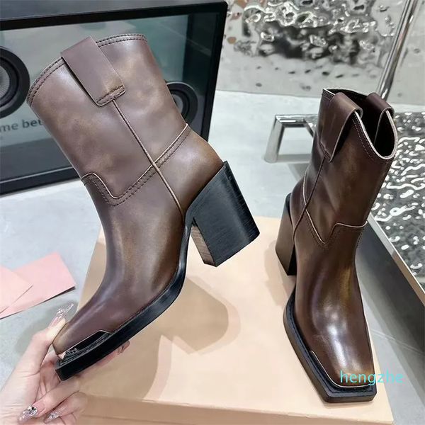 Botines de cuero de tacón medio grueso Botines con punta cuadrada Tacón de bloque Bota occidental sin cordones Zapatos de diseñador para mujer al aire libre