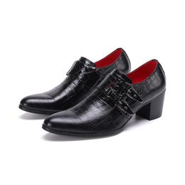 Leather Men Dress Handmade Fashion Formal Buckles 7cm Heels High Party and Wedding Shoes 887
