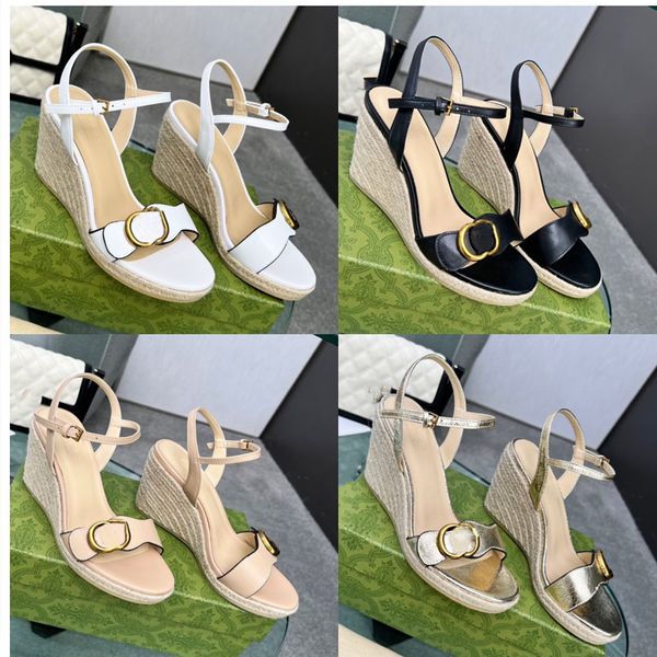 Sandalias de tacón medio de cuero para mujer Zapatillas Diseñador Moda para mujer Pisos Hebilla de tobillo Suela de goma Mulas Playa de verano Zapatos de boda sexy 34-41 con caja