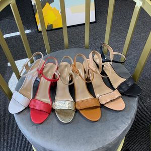 Sandalias de tacón medio de cuero para fiesta, cuero para mujer, Logo de Metal, diseñador clásico, tacones altos sexis, zapatos de mujer de bloque de gamuza de 7,5 cm, talla 34-42