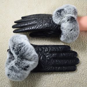 Mitaines en cuir pour femme hiver écran tactile Rex fourrure de lapin bouche chaud coupe-vent mode extérieur gants en peau de mouton