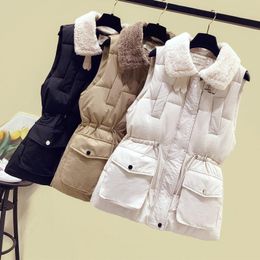 Cuir nouveau hiver chaud vers le bas coton veste gilet femmes mode coréenne coton Patchwork laine d'agneau manteau gilets vêtements d'extérieur décontractés