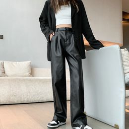 Lederen broek Vrouwen Wijd beenbroeken Koreaanse Y2K Fashionbroek Elastische PU Baggy Pants for Women 2023 Streetwear Kleding