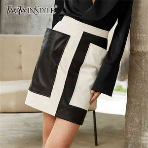 Falda ceñida al cuerpo en blanco y negro de retazos de cuero para mujer, minifaldas de cintura alta de Color Hit, verano femenino 210521