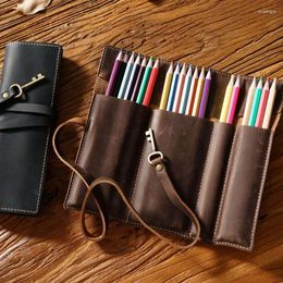 Bolsa de cuero para lápices, portarrollos multifuncional hecho a mano para estudiantes, artistas y escritores