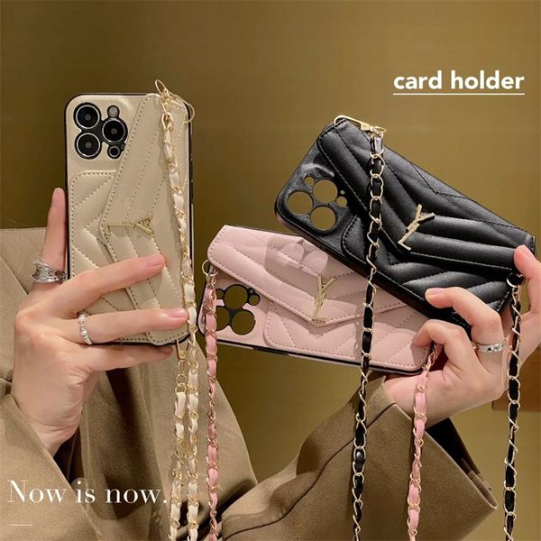 Étuis de téléphone en cuir Couverture Designer Gold Chain Phone Cases Pour IPhone 14 14Pro 14Plus 13 12 Luxury Black Card Holder Cover Case With Chain
