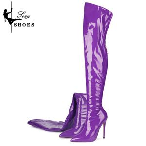 Lederen puntig patent over-de-knie 931 dames teen naaien rits zipper dames lange laarzen sexy hoge hakken schoenen sapatos femininos 230807 467