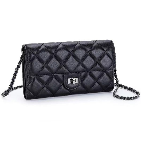 Bolso de cuero Bolso largo para teléfono móvil de gran capacidad de piel de oveja para mujer Bolso de mano Bolso de cartera con cadena de entramado de diamantes bordado de un solo hombro