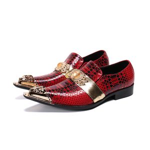 Leather Red Nieuwe mode echte kleding metaal puntige teen kristallen feest bruiloft mannen schoenen plus size business oxford schoen