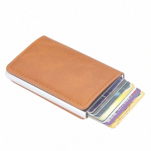 Titular de la tarjeta de crédito RFID de cuero Hombres Carteras Caja de tarjetas bancarias Mujeres Metal Aluminio Shell Automático Pop-up RFID Mey Clip Monedero Hombre N7hI #