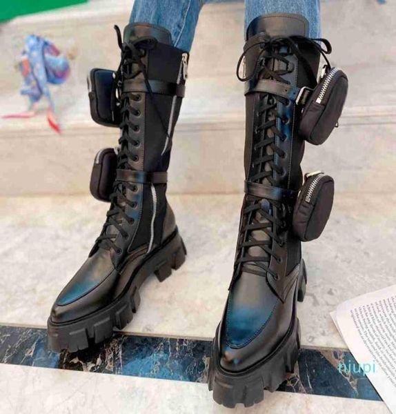 Boots de cuero Rois Long Boots Black Nylon Combat Half Boot Women Designer Invierno Plataforma Martin Booties6981143