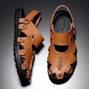 Sandales en cuir véritable pour hommes, chaussures creuses légères et respirantes, décontractées, gladiateur d'été en plein air, Sandalia Masculina 5, 39