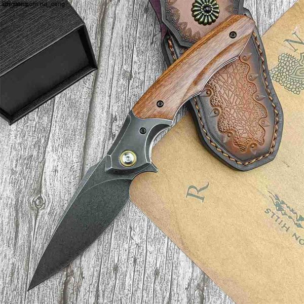 Cuchillo plegable de bolsillo con funda de cuero para coleccionistas, hoja de acero Wootz, mango de madera, equipo táctico de supervivencia, cuchillos de caza al aire libre