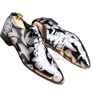 Chaussures en cuir British Mens Classic Robe Printing Navy Bule Black Brow Oxfords Flat Office Party Wedding Round Toe Fashion Outdoo 76