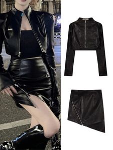 Cuir court haut biais robe à glissière femme 2 pièces ensemble col montant hanche paquet robes shorts 2023 été sexy femme tenue 240315