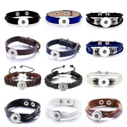 Bracelet à boutons-pression en cuir fait à la main, marron et noir, en cuir PU, pour femmes et hommes, adapté aux bijoux à boutons-pression de 18mm