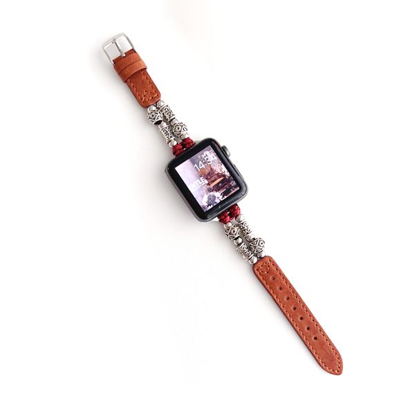 Bracelet en cuir pour Apple Watch, chaîne en argent tibétain, Iwatch 9 8 7 6 5 3 Ultra 38mm 40mm 41mm 42mm 44mm 45mm 49mm, accessoires de remplacement de bracelet en métal
