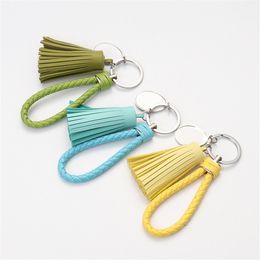 Sublimación de cuero Llaveros en blanco Accesorio de diseñador DIY Redondo Amarillo GreenTassel Llavero Monedero Bolso Coche Llavero Joyería para mujer Hombre Amigo Regalo familiar