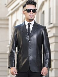 Costume en cuir veste en peau de mouton hommes veste en cuir costume 3 boutons poitrine nouveau Style robe costumes mode homme Blazers noir Slim Fit