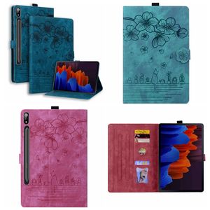 Lederen tabletkisten voor Samsung Galaxy Tab S8 plus 14,6 plus 12.4 11 A8 10.5 A7 Lite T220 T225 8.4 Sakura Bloemportel Retro Print Cherry Cat Holder Flip Cover Card Pouch