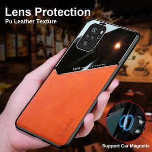 Étuis de support magnétique de voiture en cuir Texture pour Xiaomi Mi 11 10T Lite 10 couverture de cadre en TPU Ultra doux Redmi Note 10 Pro 10S