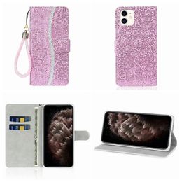 Lederen portefeuilletje voor iPhone 12 Pro Max Mini 6.1 Galaxy Note 20 Ultra A21S BLING Sparkle Sequin Deluxe Glitter Flip Cover Houder Lanyard