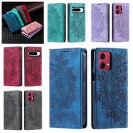 Lederen portemonnee hoesjes voor Google Pixel 8 8A 7 Pro Moto G84 G54 G14 Huawei Mate 60 Pro Honor X6A Zuigen Magnetische sluiting Datura Bloem Totem Kant Kaart Mandala Flip Cover Pouch