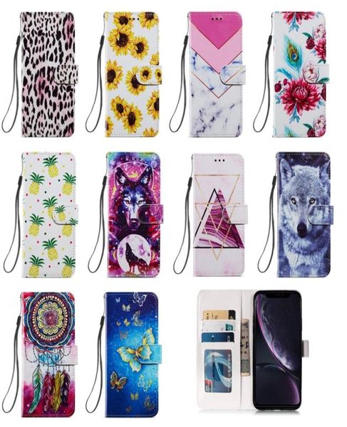 Fundas de billetera de cuero para iPhone 13 Pro Max 2021 12 Mini 11 XR XS X 8 7 8P Moda Flor Piña Leopardo Mariposa Mármol Lobo Titular Tarjeta de identificación Flip Cover Strap6745904