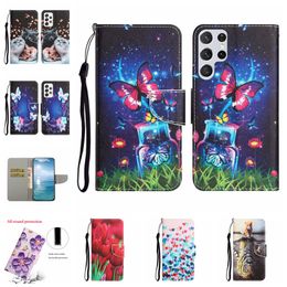 Lederen portemonnee kisten voor Samsung A53 A73 A33 5G A23 A13 A32 A22 S22 Ultra Plus S21 S20 Print Flower Butterfly Heart Hart Love Cat Tiger Card Slot Holder Flip Cover Pu Pouch