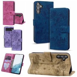 Estuches de billetera de cuero para Samsung A25 A24 A54 A34 5G A14 A23 M13 4G S23 FE Ultra Plus S23FE Estampado de flores retro Sakura Cherry Cat Titular Flip Cover Ranura para tarjeta de identificación de crédito