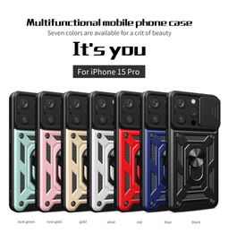 Étui de téléphone antichoc 2-en-1 de qualité militaire Support rotatif magnétique pour couvercle de caméra coulissante circulaire monté sur voiture pour iPhone 15 14 13 12 11 Pro Max Étuis avec sac OPP