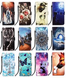 Lederen portefeuille Flip Cases voor Samsung A52 A72 A32 A42 A12 S21 Plus 5G A02S Note20 Butterfly Animal Tiger Tower Flower Panda Credit ID Card Slot