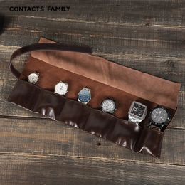 Lederen Horloge Box Organizer voor Mannen Reizen Opbergtas Luxe Retro Olie Wax Skin Roll Up Pakket Case Draagbare Display 240119