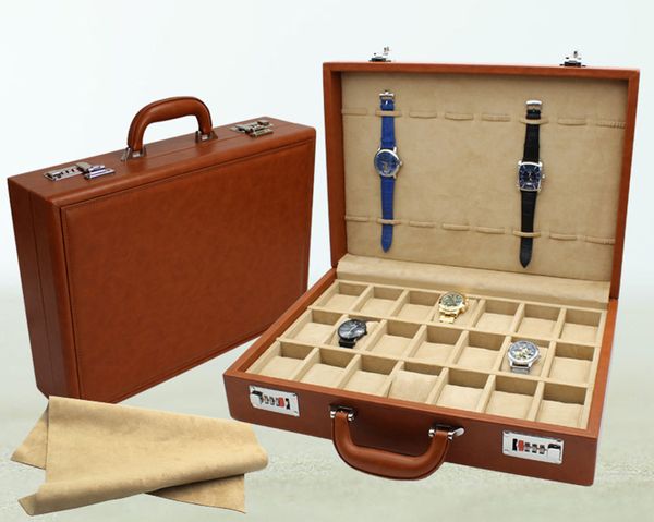 Caja de reloj de cuero Personalización de estilo de soporte de madera de primera calidad Bolsas hechas a mano francesas Cajón de patrón Cabina de transporte Asa de carro inicial Maletero de aire Caja de reloj Joyas