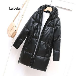 Veste longue d'hiver à capuche en Faux cuir PU imperméable pour femme, manteaux matelassés chauds noirs à la mode, vestes rembourrées en coton, vêtements d'extérieur