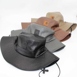 Chapeau de cowboy occidental en cuir protection solaire extérieure chapeau de pêcheur cordon de serrage chapeau de bassin pour hommes et femmes coupe-vent automne et hiver chapeau d'ombrage à large bord