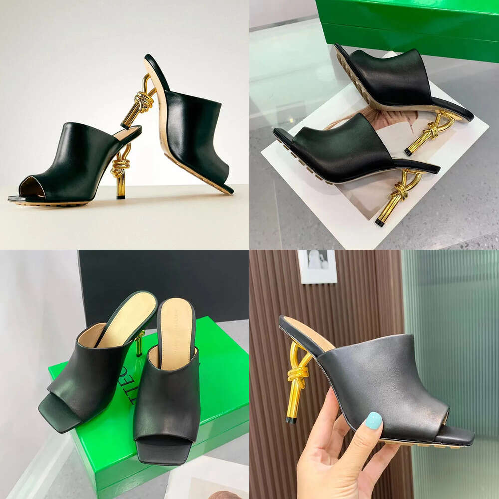 Leder-Frauen-Hausschuhe Kuhlädensandalen rutschen auf Metall Stiletto Heeled Open Toe Shoes Designer Hochheeled Abendschuhfabrikschuhschuhe mit Box Originalqualität