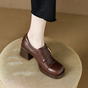 Leerwerk Kantoor Zwart Bruin Schoenen Damesmode Gesp Dame Trouwjurk Schoen Hoge Dikke Hak Oxfords