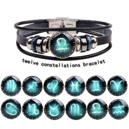 Lederen Zodiac Charms Armband Sieraden voor Mannen Dames DIY 12 sterrenbeelden Handgemaakte touw Cortex Punk Kralen Armband met gesp Clusps zwart