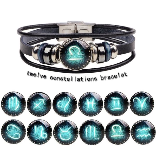 Bracelet à breloques en cuir Zodiac Bijoux pour hommes femmes DIY 12 Constellations Handmade Rope Cortex Punk Perles Bracelet avec fermoirs à boucle Noir
