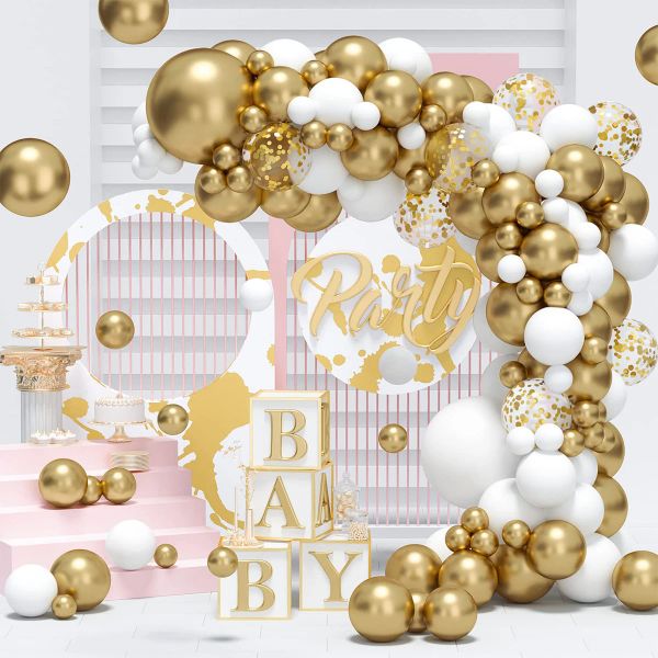 Kit d'arche de guirlande de ballons dorés blancs en maroquinerie, décoration de fête d'anniversaire de mariage, ballon de 1er anniversaire pour enfants, ballon de confettis pour fête prénatale