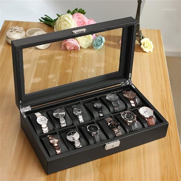 Caja de reloj de carbono con 12 ranuras de polipiel, diseño de fibra, soporte de almacenamiento para exhibición de joyas, enrollador, caja de relojes grande negra saat kutusu1204i