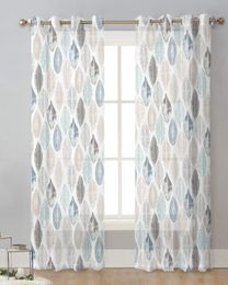 Feuilles Blue Khaki Teal Gris Curtain en tulle rideaux pour le salon Cuisine Window Traitements voile rideaux